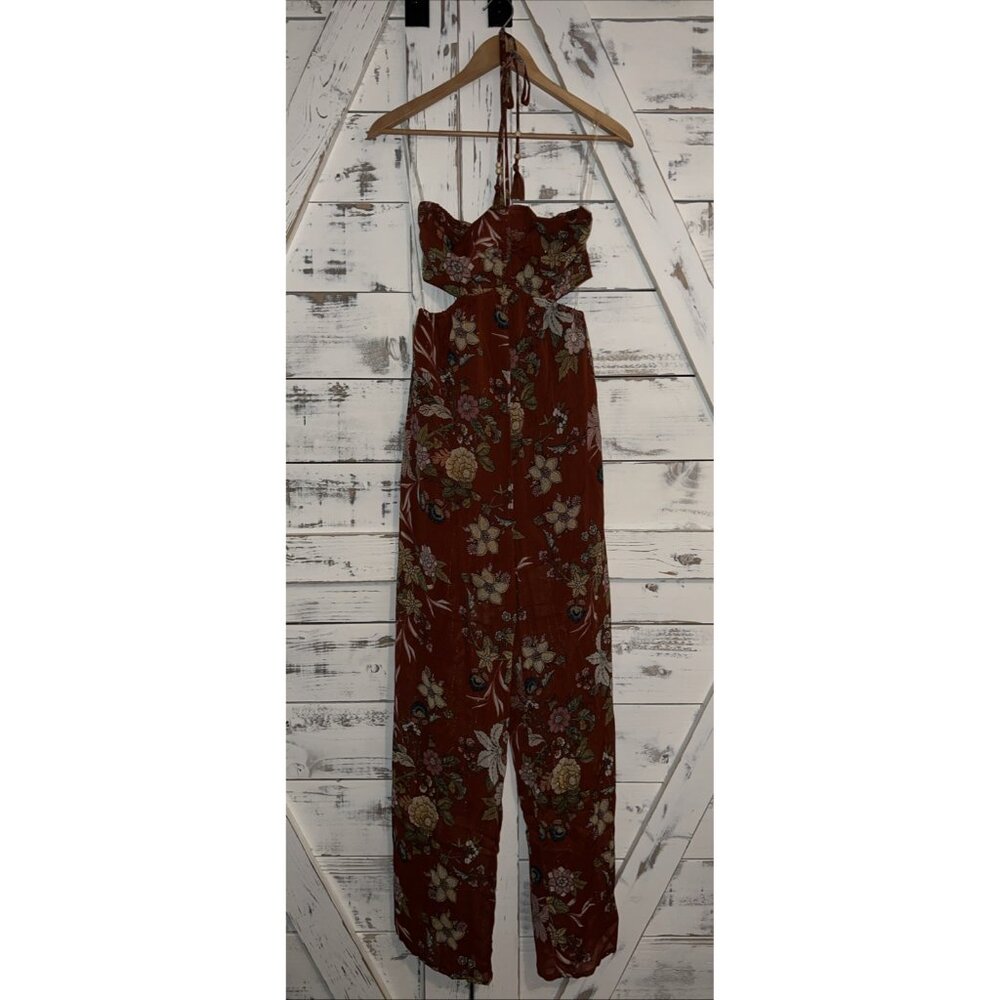 Illa Illa Wide Leg Gold Shine Halter Jumpsuit Size Small Orange Floral Cutout